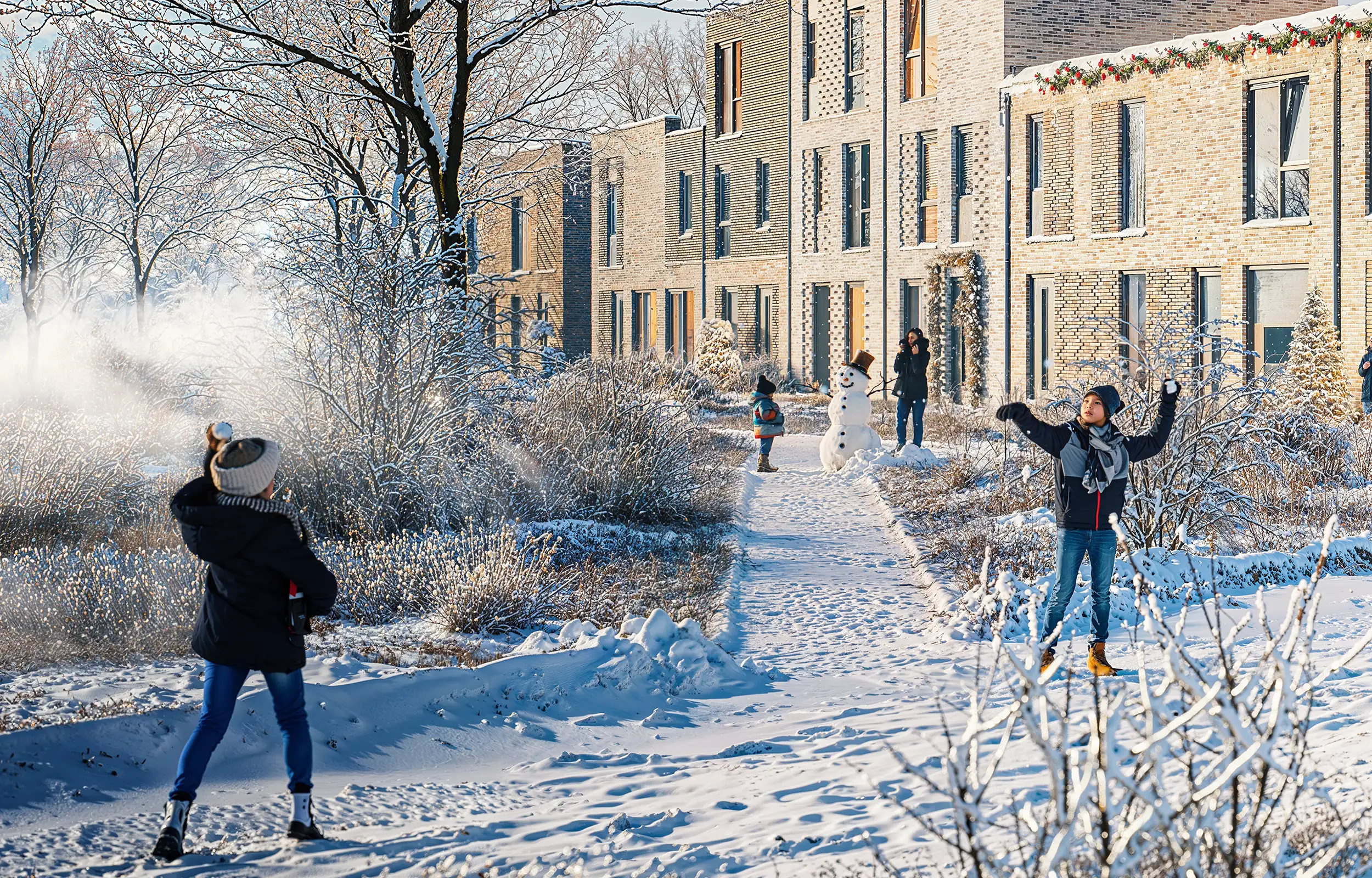 Artist impression nieuwbouwproject winter - 3D CGI visualisatie met moderne huizen en besneeuwde omgeving Realistische 3D artist impression van een winterse nieuwbouwbuurt, met moderne woningen, besneeuwde landschappen en spelende kinderen